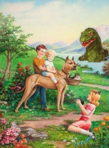 Godzilla und der Hund, der das Kätzchen im Korb trägt