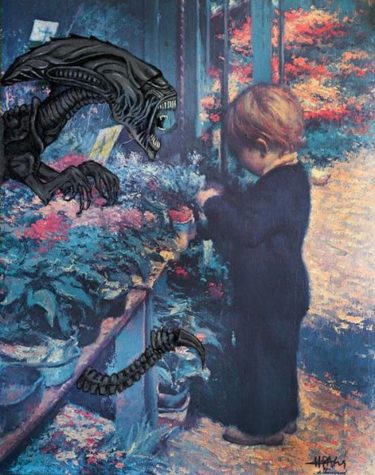 Künstlerin fügt Horror-Ikonen in Second-Hand-Bilder ein