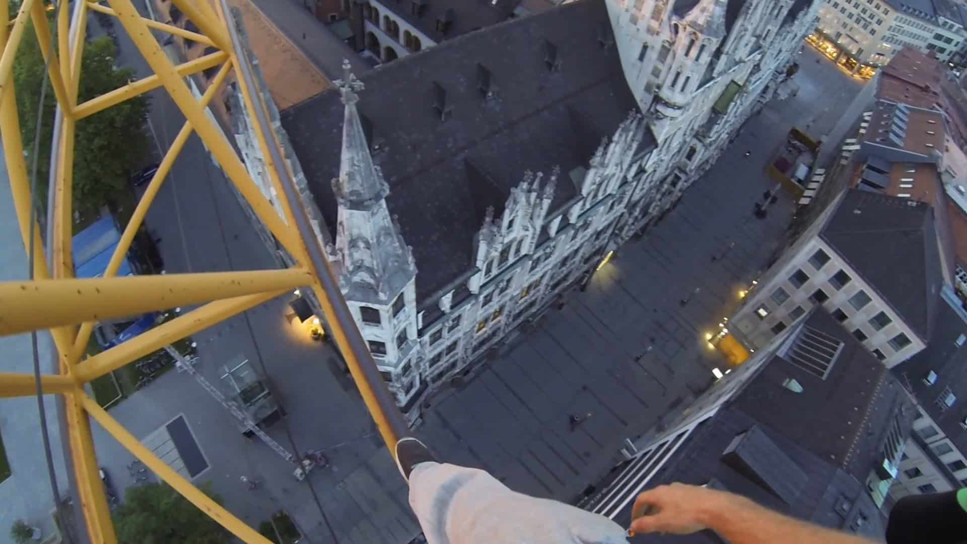 Climbing a crane for sunrise in Munich