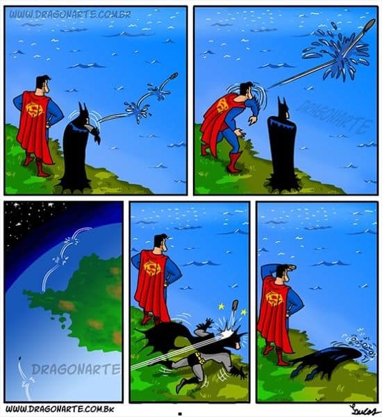 Batman und Superman lassen Steine hüpfen