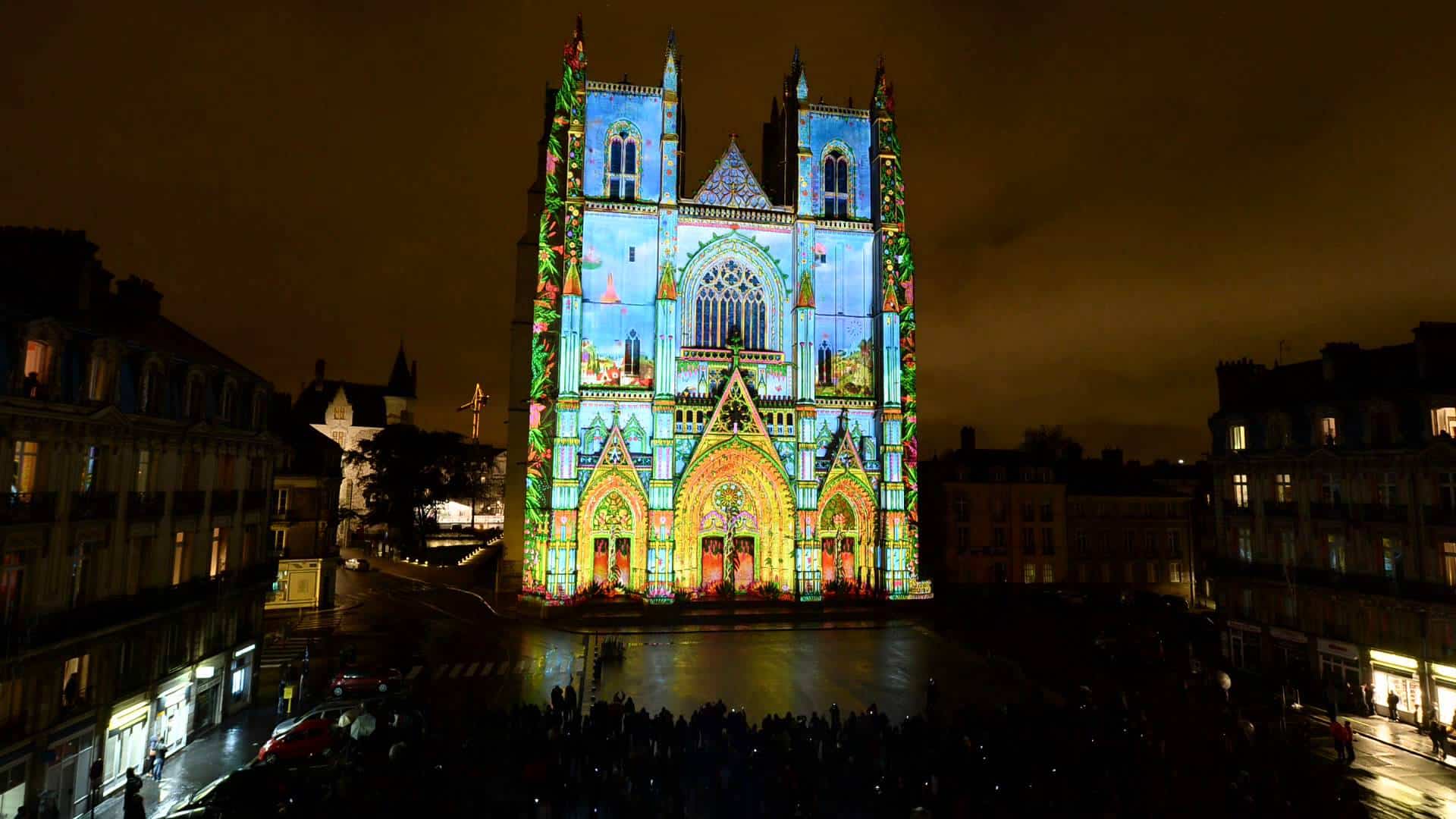 Animated light show on a Gothic cathedral