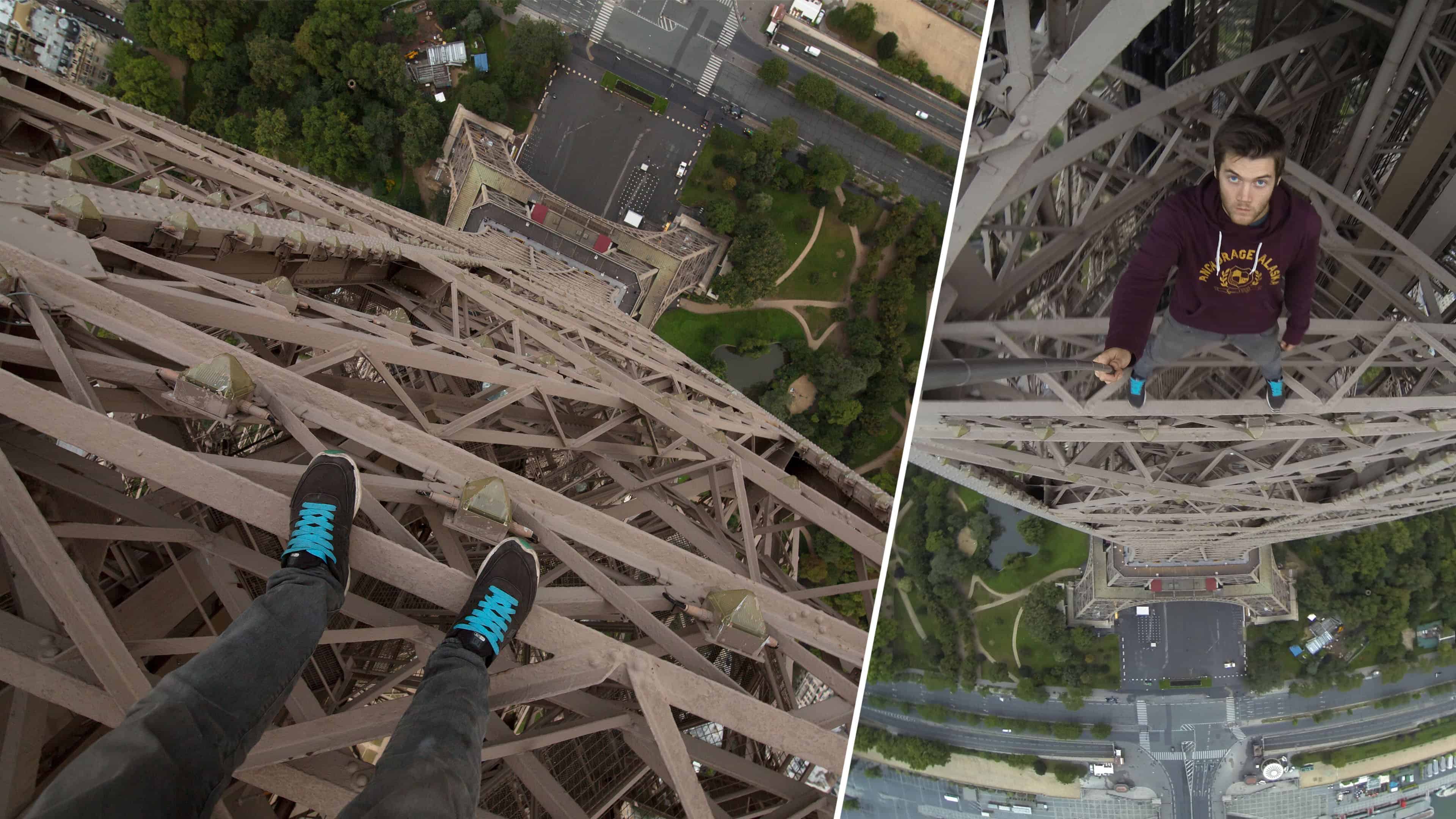 Ohne Sicherheitsvorkehrungen den Eiffelturm hochklettern