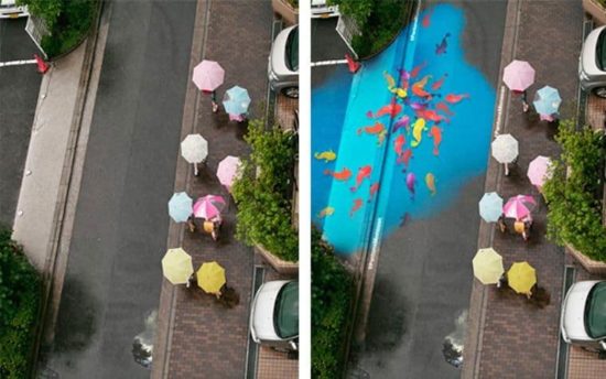 Street art die alleen verschijnt als het regent