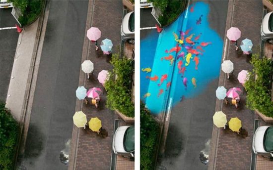 Strassenkunst, die nur bei Regen zum Vorschein kommt