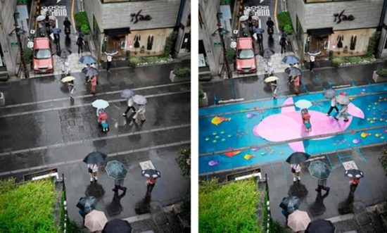 Strassenkunst, die nur bei Regen zum Vorschein kommt