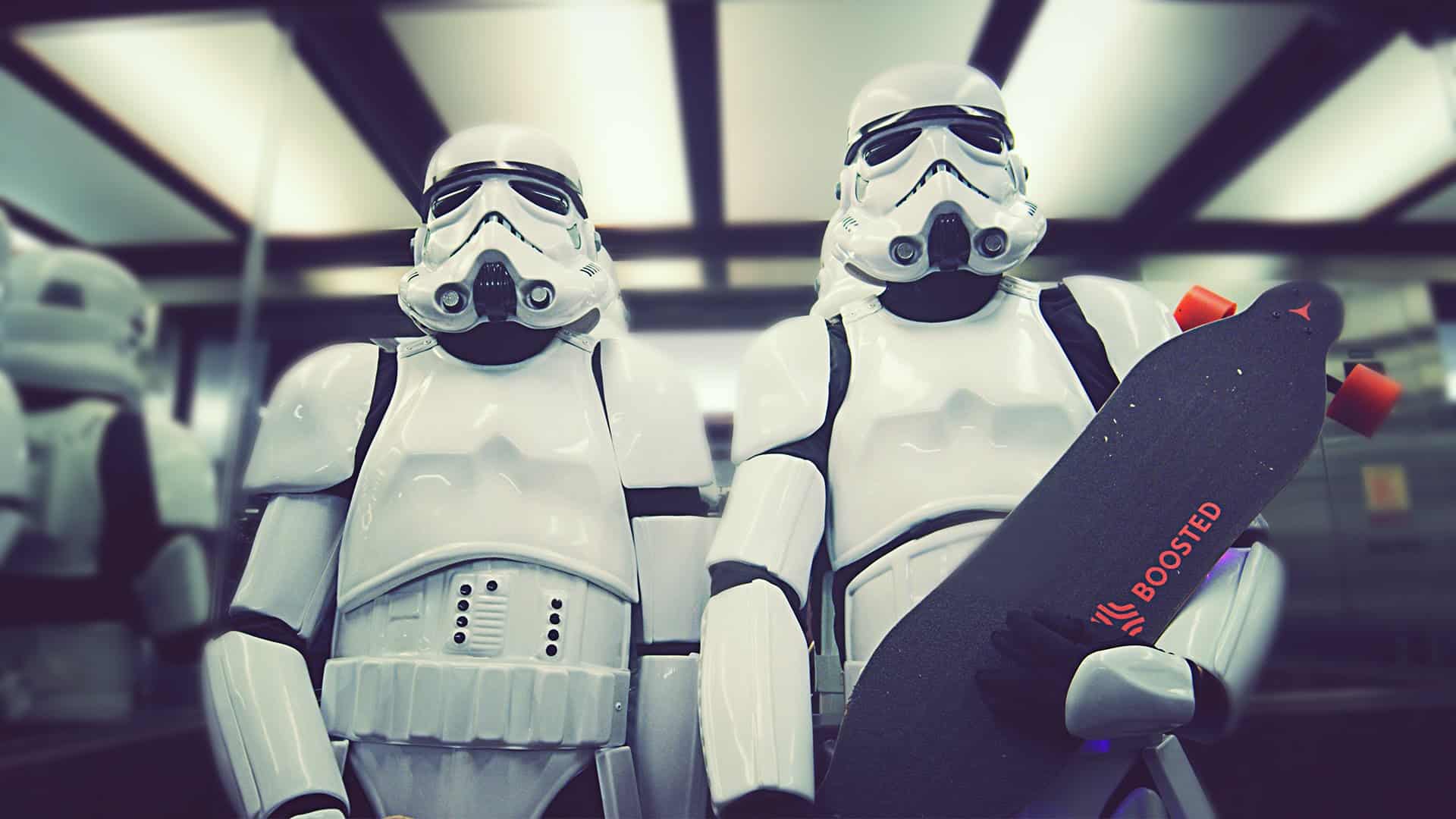 Stormtroopers longboarding through the city