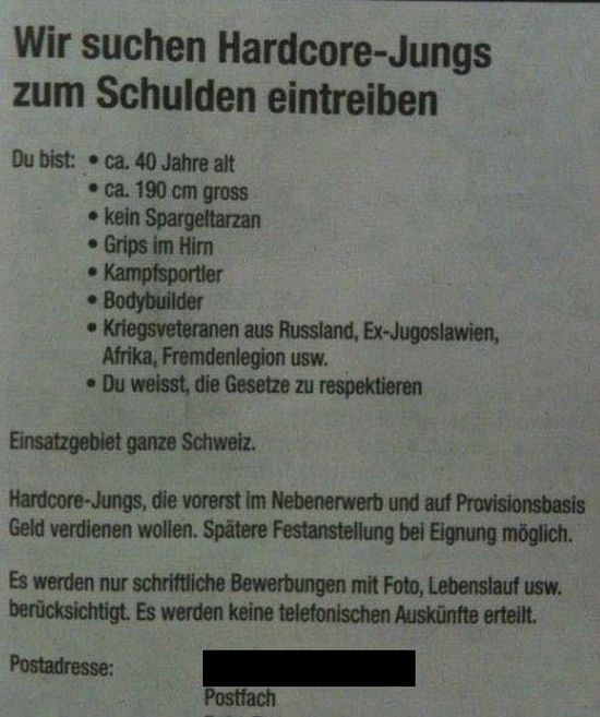 Das Jobangebot des Tages: Hardcore-Jungs gesucht