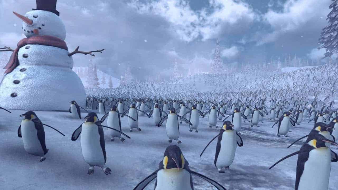 11 penguins compete in a bloody battle against 000 Santas