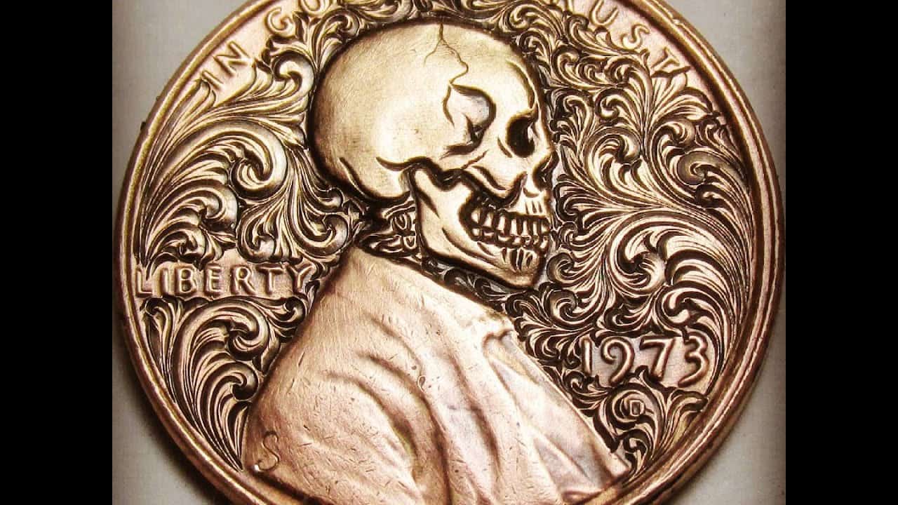 Handgemachte Totenkopf-Gravur einer Lincoln-Münze