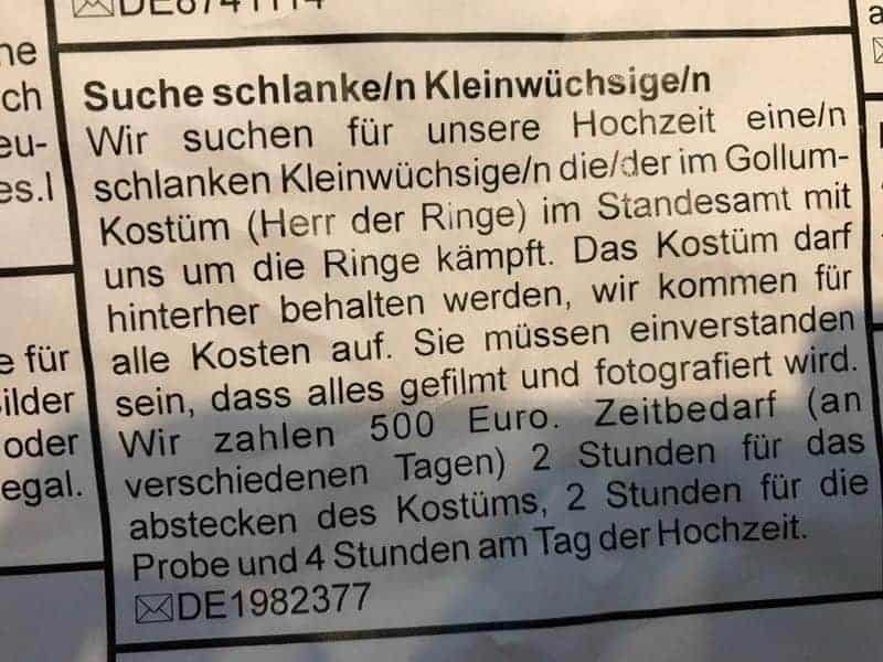 Für Hochzeit: Kleinwüchsiger als Gollum gesucht