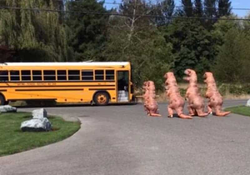 T-Rex Family Waits for School Bus || ViralHog