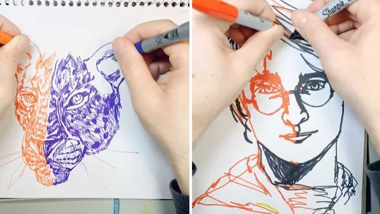 Taiteilija piirtää molemmilla käsillä samanaikaisesti