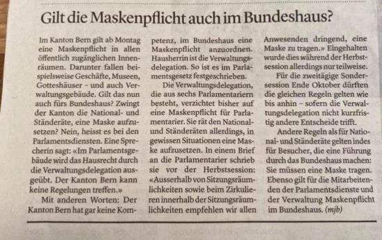 Gilt die Maskenpflicht auch im Bundeshaus?