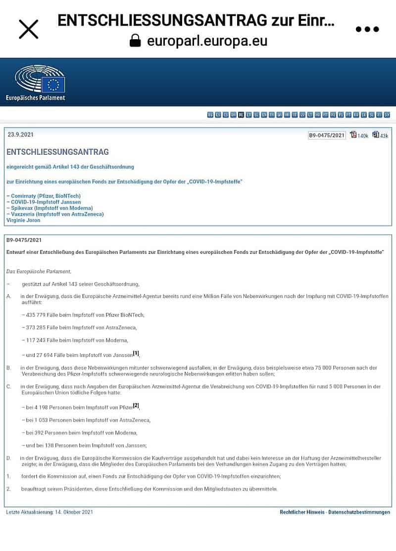 Entschliessungsantrag vom Europa Parlament: Bereits rund 1 Million Fälle von Impf-Nebenwirkungen