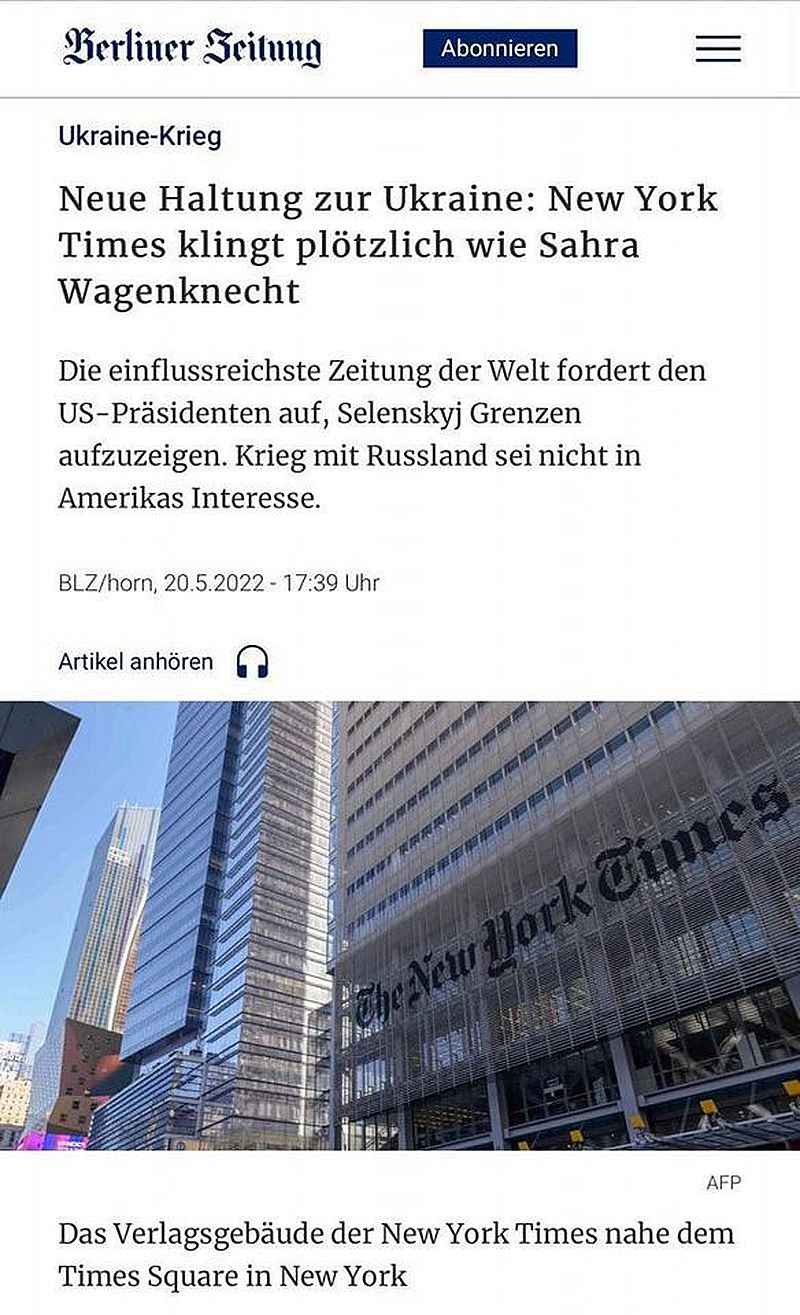 Neue Haltung zur Ukraine: New York Times klingt plötzlich wie Sahra Wagenknecht