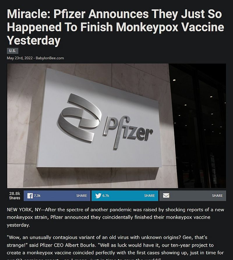 Ein Wunder: Pfizer gibt bekannt, dass sie gestern zufällig den Affenpocken-Impfstoff fertiggestellt haben