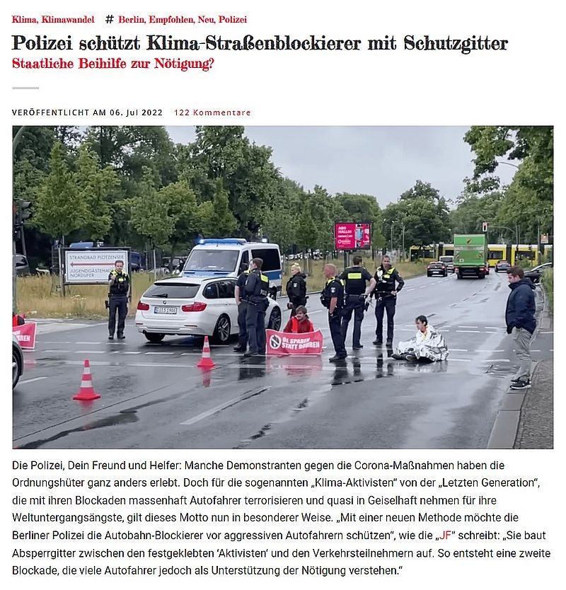 Staatliche Beihilfe zur Nötigung: Polizei schützt Klima-Strassenblockierer mit Schutzgitter