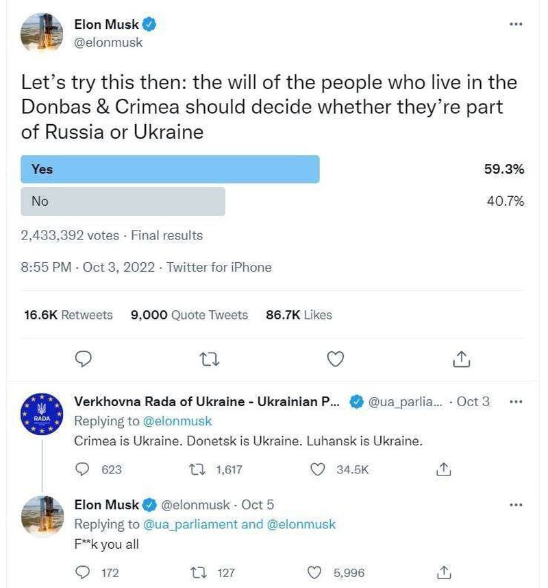 Musk has asked the Ukrainian parliament to fuck each other kindly