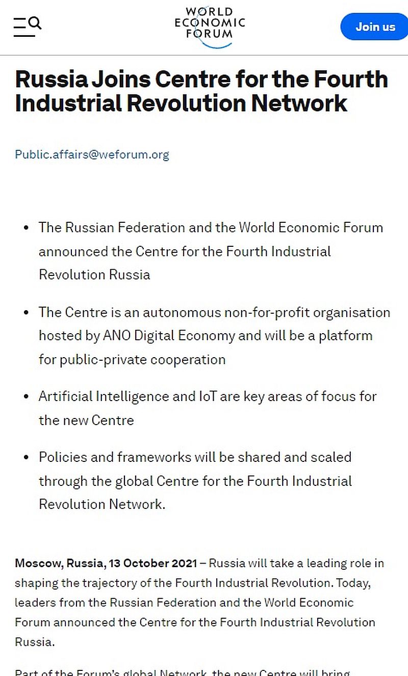 Russland dem Zentrum des Netzwerks für die Vierte Industrielle Revolution beigetreten
