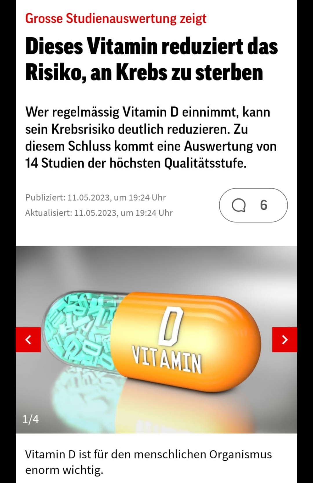 Vitamin D reduziert das Risiko, an Krebs zu sterben