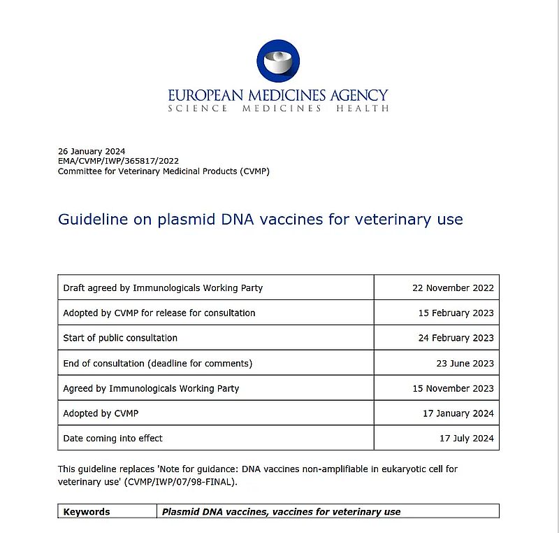 La EMA impulsa vacunas de ADN plasmídico para medicina veterinaria