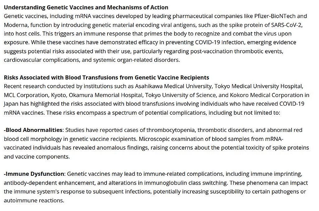 Pesquisadores japoneses alertam sobre riscos associados a transfusões de sangue de pessoas vacinadas com mRNA de COVID-19