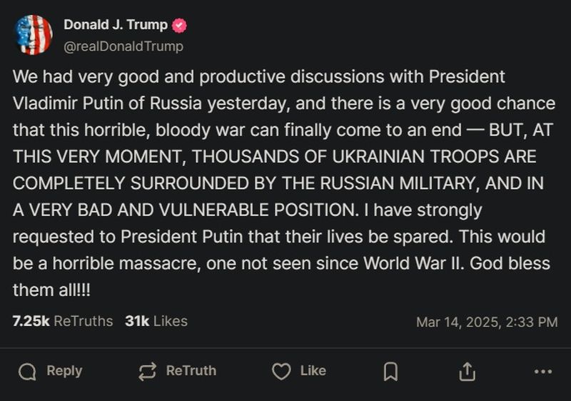 Trump bittet Putin um Gnade für eingekesselte ukrainische Soldaten