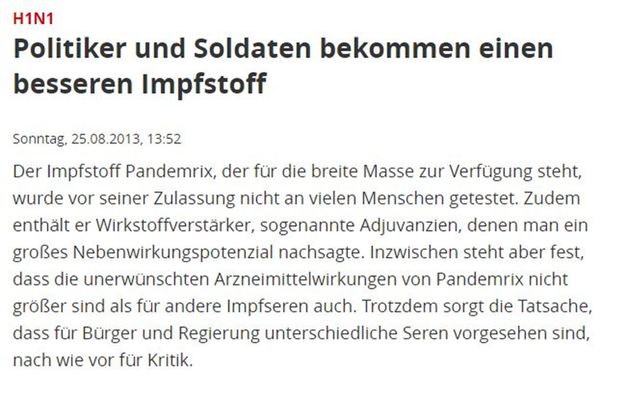 Schweinegrippe 2009 und die stille Ungleichheit der Nadeln und die Einführung der Zweiklassenmedizin